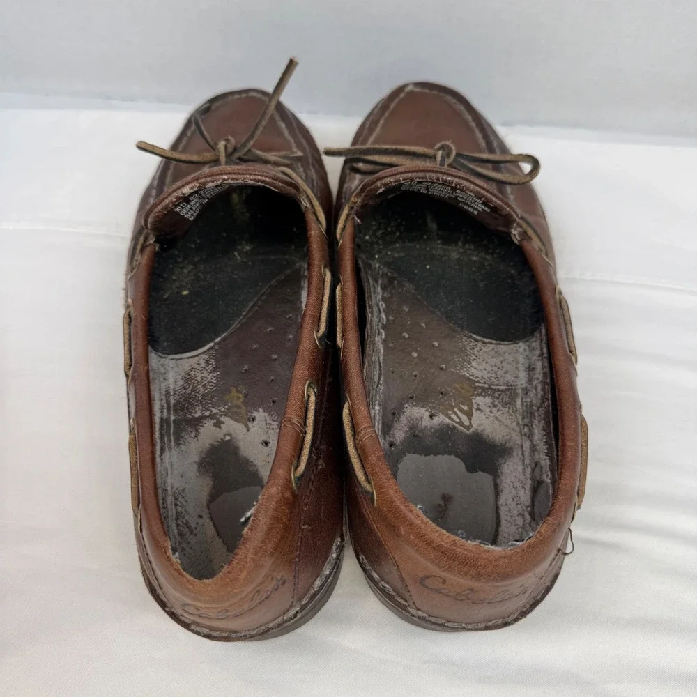 Cabelas Mens Brown Leather Boat Shoes Vibram Sole 10D 82-2286 Loafers